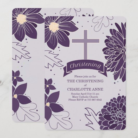 Plum Botanicals voor meisjes met Cross Christening Kaart (Voorkant / Achterkant)