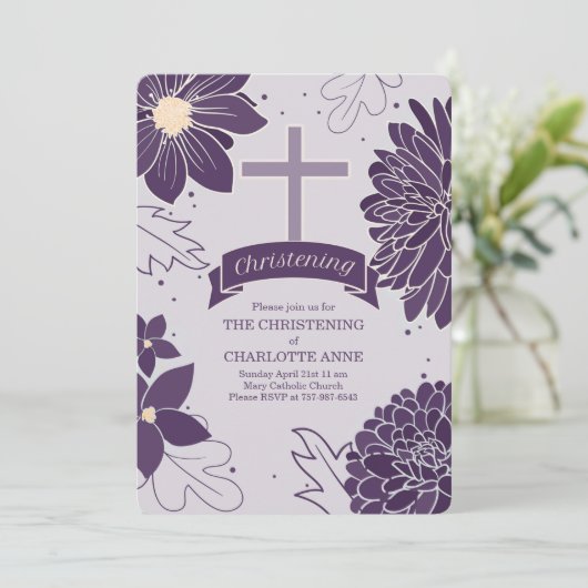 Plum Botanicals voor meisjes met Cross Christening Kaart (Staand voorkant)