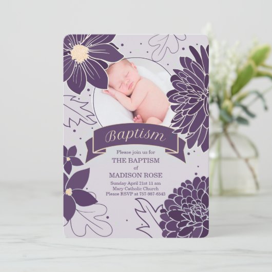 Plum Botanicals voor meisjes met foto-Baptisme Kaart (Staand voorkant)