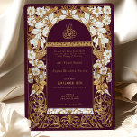 Plum Bourgondië Islamitisch Bruiloft Antiek Goud M Kaart<br><div class="desc">Ervaar de allure van de traditie met deze islamitische huwelijksuitnodiging, met de rijke en koninklijke bordeaux achtergrond in combinatie met de glans van antiek gouden accenten. Het ontwerp aan de voorkant is een prachtig tapijt van gouden bloemmotieven en elegante bogen, die de heilige Bismillah in prachtige Arabische kalligrafie benadrukken. De...</div>