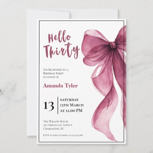 Plum Bow 30th Birthday Invitation Kaart (Voorkant)