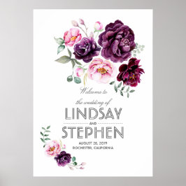 Plum Burgundy Blush Floral Waterverf Wedding Sign Poster