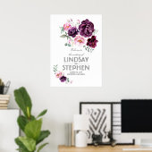 Plum Burgundy Blush Floral Waterverf Wedding Sign Poster (Thuiskantoor)