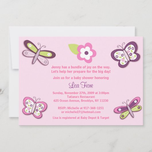 Plum Butterfly Dragonfly Baby Shower Invitations Kaart (Voorkant)