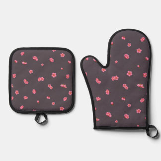 Plum Charcoal Red Plum Blossom Floral Pattern Ovenwant & Pannenlap Set