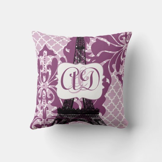 Plum Custom Eiffel Tower Monogram Bride's Pillow Kussen (Achterkant)