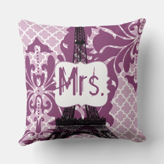 Plum Custom Eiffel Tower Monogram Bride's Pillow Kussen (Achterkant)