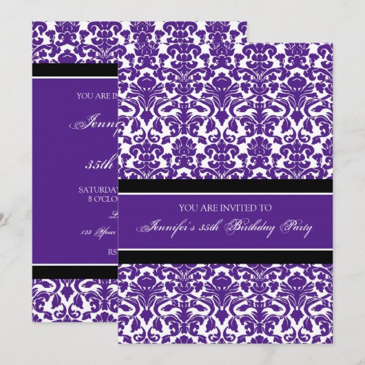 Plum Damask 35th Birthday Party Invitations Kaart (Voorkant / Achterkant)