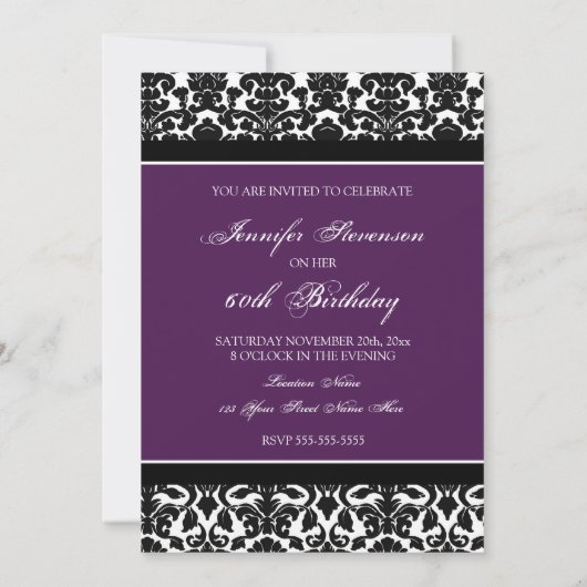 Plum Damask 60th Birthday Party Invitations Kaart (Achterkant)