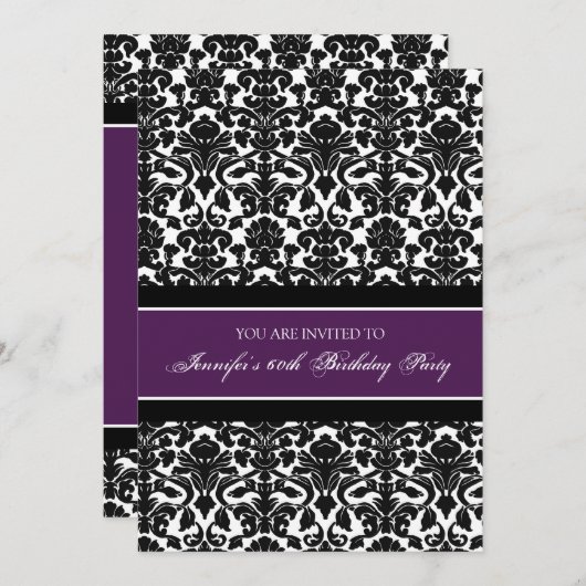 Plum Damask 60th Birthday Party Invitations Kaart (Voorkant / Achterkant)