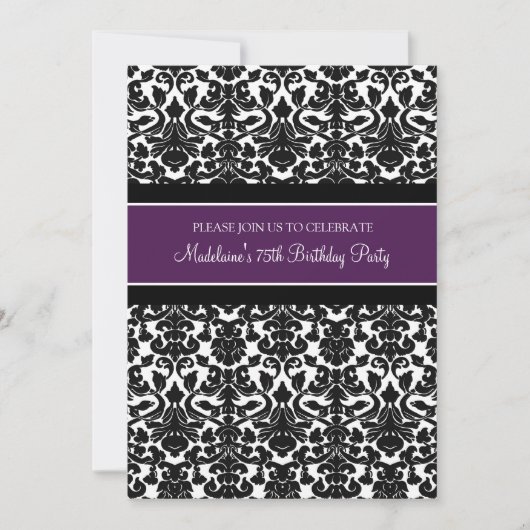 Plum Damask 75th Birthday Party Invitations Kaart (Voorkant)