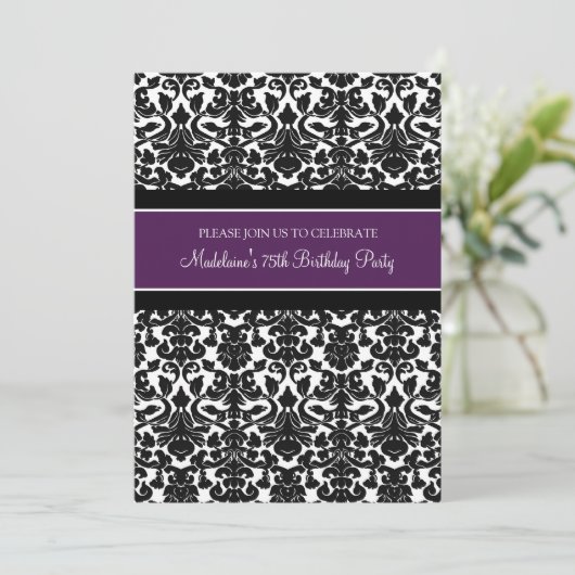 Plum Damask 75th Birthday Party Invitations Kaart (Staand voorkant)