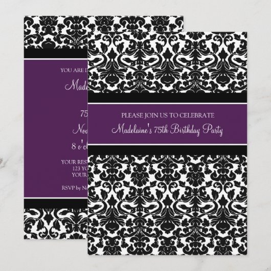 Plum Damask 75th Birthday Party Invitations Kaart (Voorkant / Achterkant)