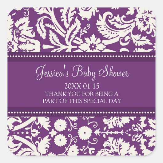Plum Damask Baby shower Favor Stickers (Voorkant)