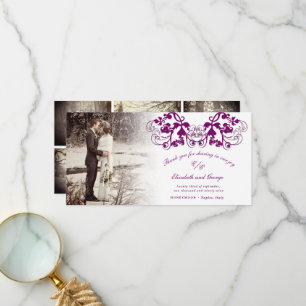 Plum Damask Floral Flourish Photo Wedding Bedankkaart