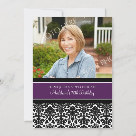Plum Damask Foto 70th Birthday Party Invitations Kaart (Voorkant)