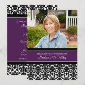 Plum Damask Foto 70th Birthday Party Invitations Kaart (Voorkant / Achterkant)