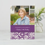 Plum Damask Foto 70th Birthday Party Invitations Kaart (Staand voorkant)