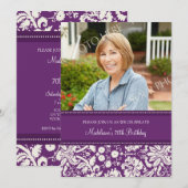 Plum Damask Foto 70th Birthday Party Invitations Kaart (Voorkant / Achterkant)