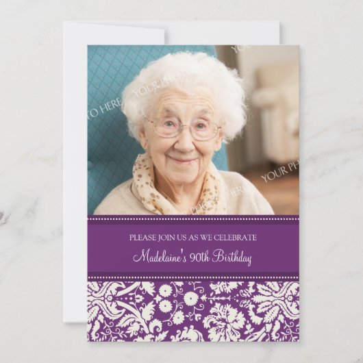Plum Damask Foto 90th Birthday Party Invitations Kaart (Voorkant)