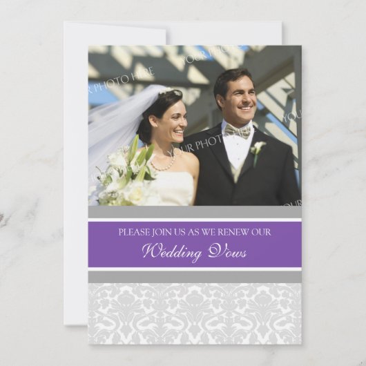 Plum Damask Foto Wedding Vow Renewal Uitnodigingen (Voorkant)
