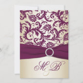 Plum Damask met PRINTED Ribbon Wedding Invite Kaart (Voorkant)
