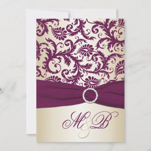 Plum Damask met PRINTED Ribbon Wedding Invite Kaart (Voorkant)