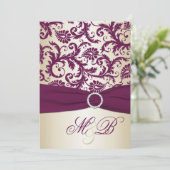 Plum Damask met PRINTED Ribbon Wedding Invite Kaart (Staand voorkant)