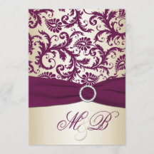 Plum Damask met PRINTED Ribbon Wedding Invite