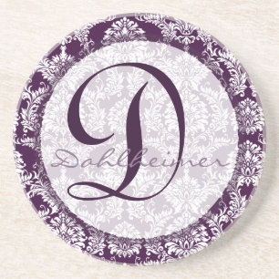 Plum Damask Monogram Bruiloft Jubileum Onderzetter