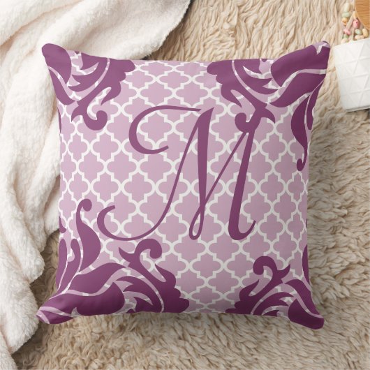 Plum Damask Monogram Custom Accent Pillow Kussen (Deken)