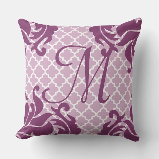 Plum Damask Monogram Custom Accent Pillow Kussen (Voorkant)