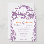Plum Damask Monogram Wedding Invitation Kaart (Voorkant)