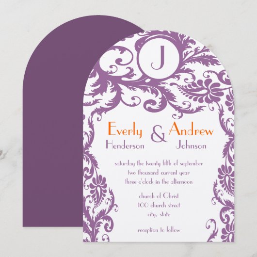 Plum Damask Monogram Wedding Invitation Kaart (Voorkant / Achterkant)