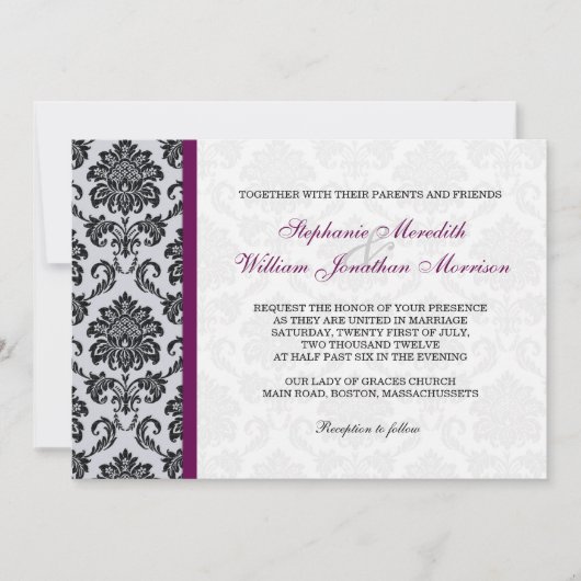Plum Damask Monogram Wedding Invitation Kaart (Voorkant)