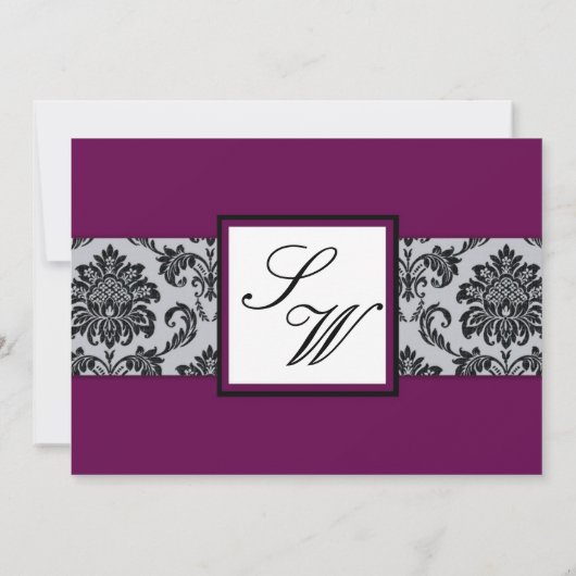 Plum Damask Monogram Wedding Invitation Kaart (Achterkant)