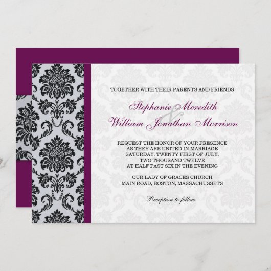 Plum Damask Monogram Wedding Invitation Kaart (Voorkant / Achterkant)