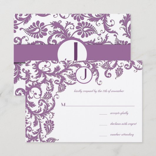 Plum Damask Monogram Wedding Kaart (Voorkant / Achterkant)
