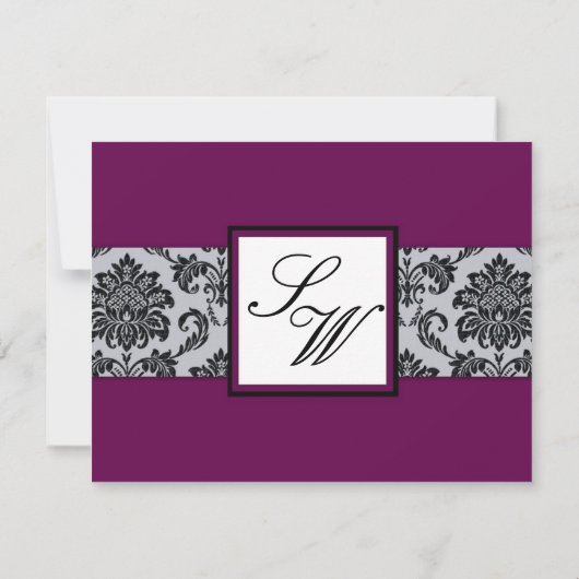 Plum Damask Monogram Wedding RSVP (Achterkant)