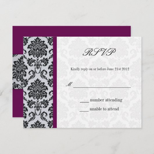 Plum Damask Monogram Wedding RSVP (Voorkant / Achterkant)