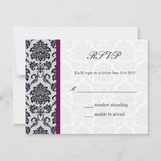 Plum Damask Monogram Wedding RSVP Kaartje (Voorkant)