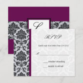 Plum Damask Monogram Wedding RSVP Kaartje (Voorkant / Achterkant)