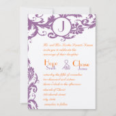 Plum Damask Oranje Monogram Weddenschap Kaart (Voorkant)