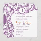 Plum Damask Oranje Monogram Weddenschap Kaart (Voorkant / Achterkant)