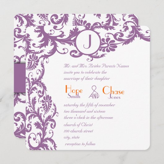 Plum Damask Oranje Monogram Weddenschap Kaart (Voorkant / Achterkant)