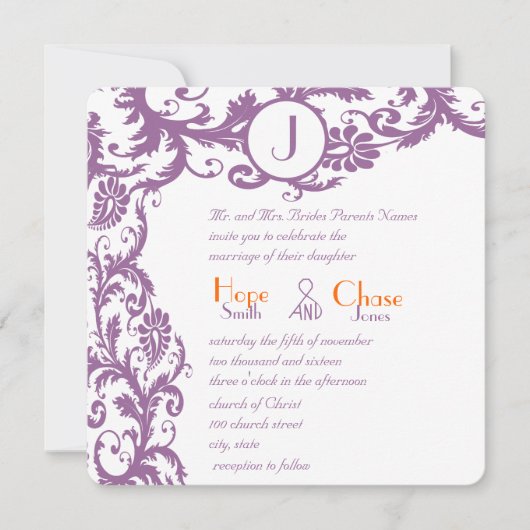 Plum Damask Oranje Monogram Weddenschap Kaart (Voorkant)