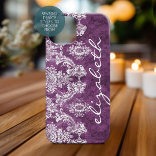 Plum  Damask Pattern en Name Case-Mate iPhone 14 Hoesje