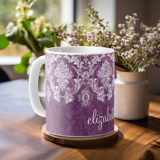 Plum  Damask Pattern en Name Koffiemok