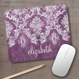 Plum  Damask Pattern en Name Muismat