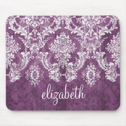 Plum Damask Pattern en Name Muismat (Voorkant)